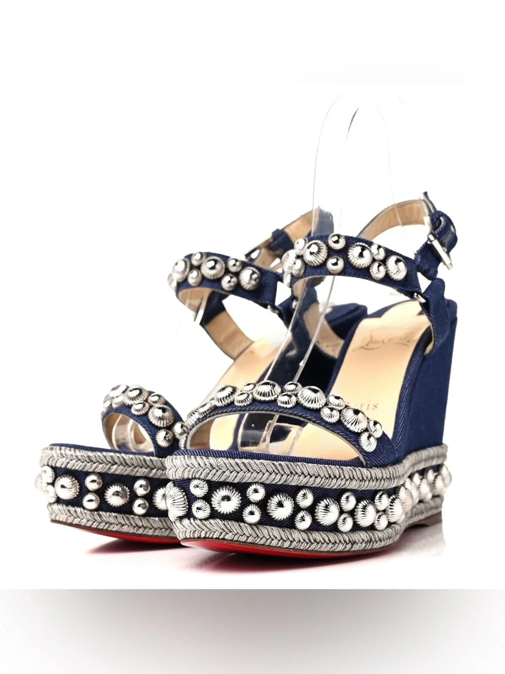 Christian Louboutin Denim 120 Rondaclou Wedge Studded Spike Sandals